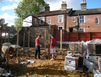 Grapes Hill Community Garden - Putting in block paving and uprights for pergola