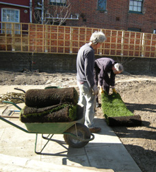 Laying the first piece of turf